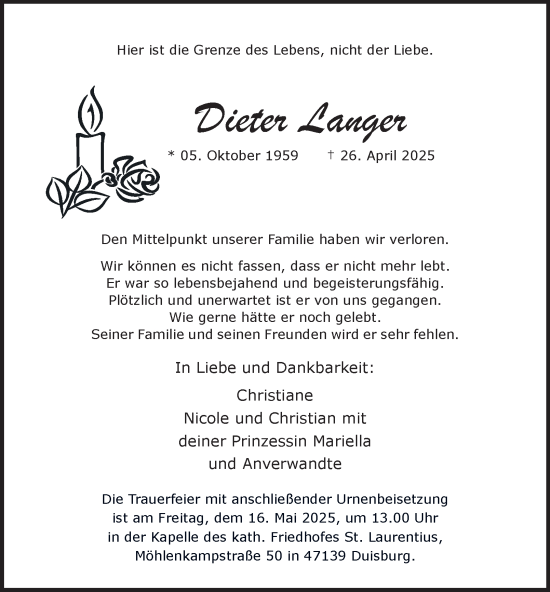 Traueranzeige von Dieter Langer von Tageszeitung