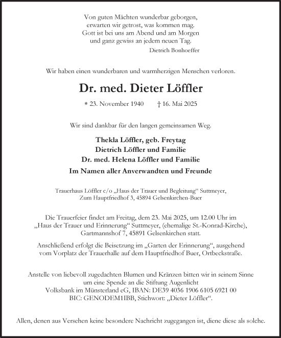 Traueranzeige von Dieter Löffler von Tageszeitung