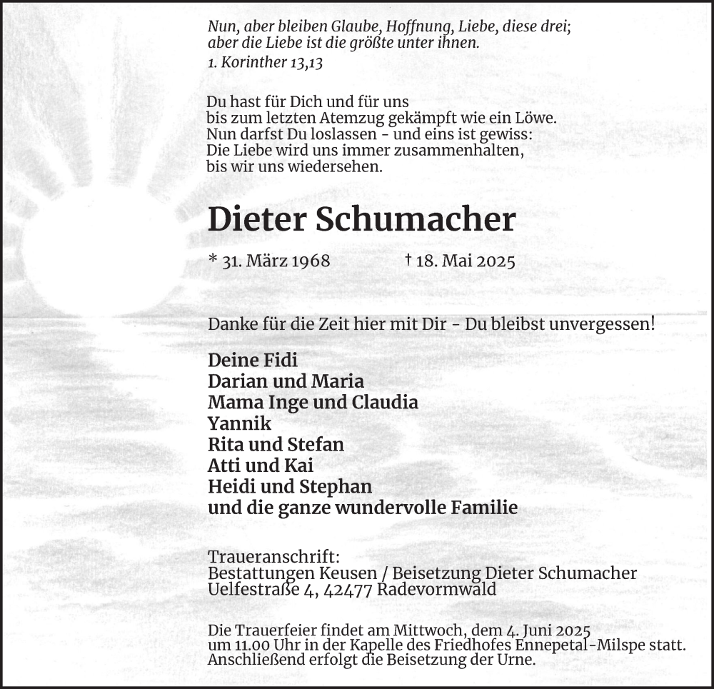  Traueranzeige für Dieter Schumacher vom 31.05.2025 aus Tageszeitung
