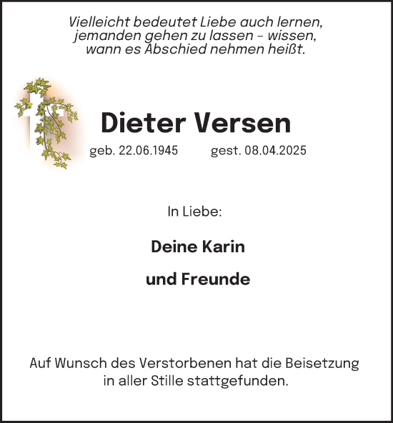 Traueranzeige von Dieter Versen von Tageszeitung