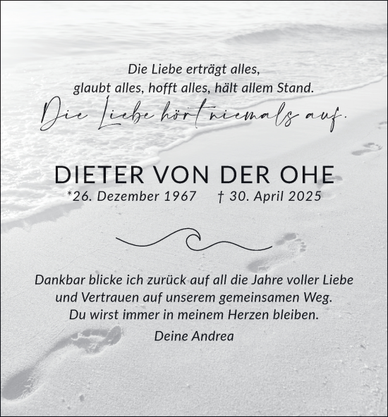 Traueranzeige von Dieter von der Ohe von Tageszeitung