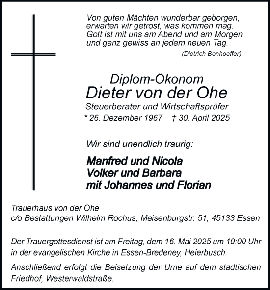 Traueranzeige von Dieter von der Ohe von Tageszeitung