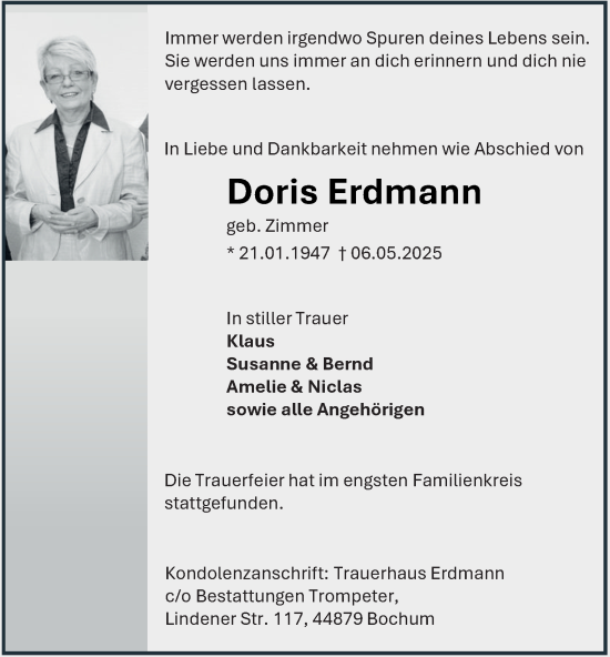 Traueranzeige von Doris Erdmann von Tageszeitung
