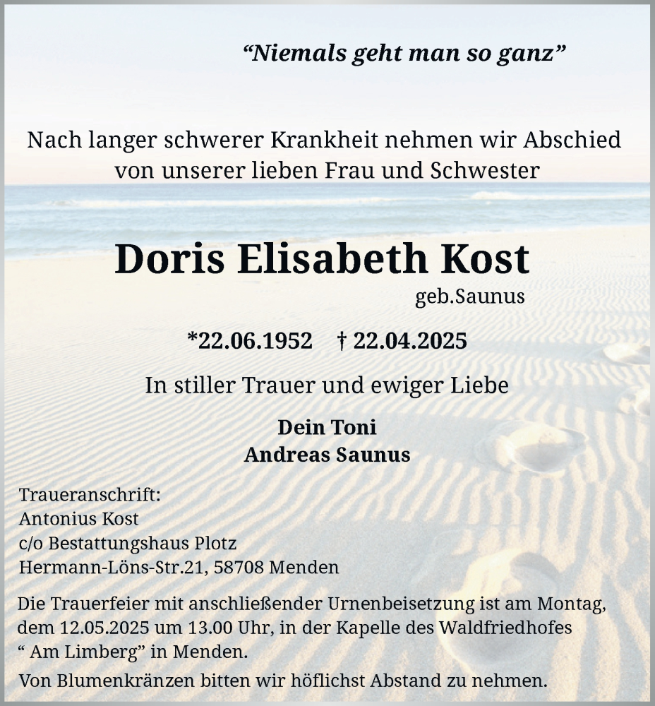 Traueranzeige für Doris Elisabeth Kost vom 03.05.2025 aus Tageszeitung