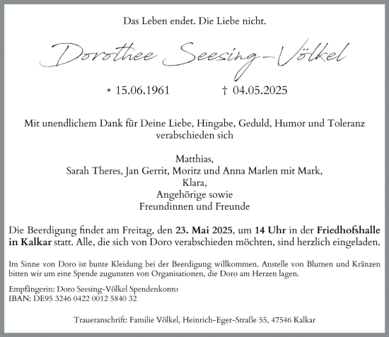 Traueranzeige von Dorothee Seesing-Völkel von Tageszeitung