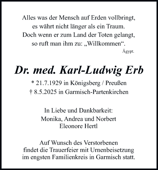 Traueranzeige von Dr. med. Karl-Ludwig Erb von Tageszeitung