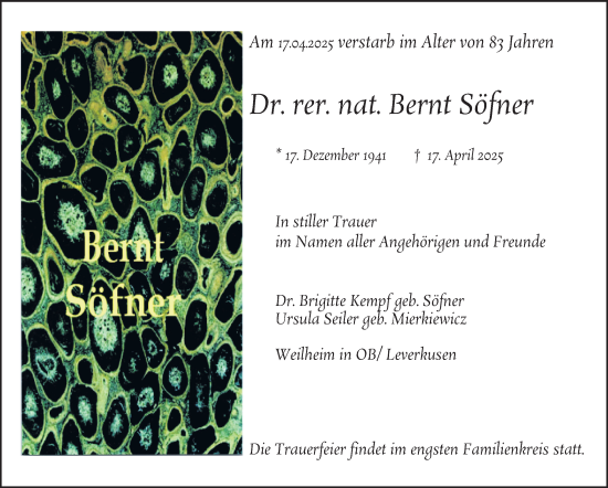 Traueranzeige von Dr. rer. nat. Bernt Söfner von Tageszeitung