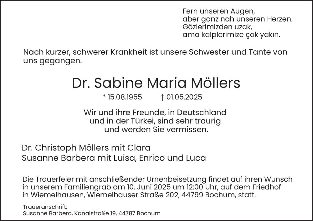  Traueranzeige für Dr. Sabine Maria Möllers vom 24.05.2025 aus Tageszeitung