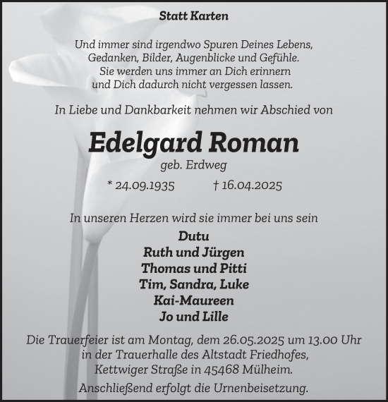 Traueranzeige von Edelgard Roman von Tageszeitung