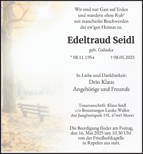 Traueranzeige von Edeltraud Seidl von Tageszeitung