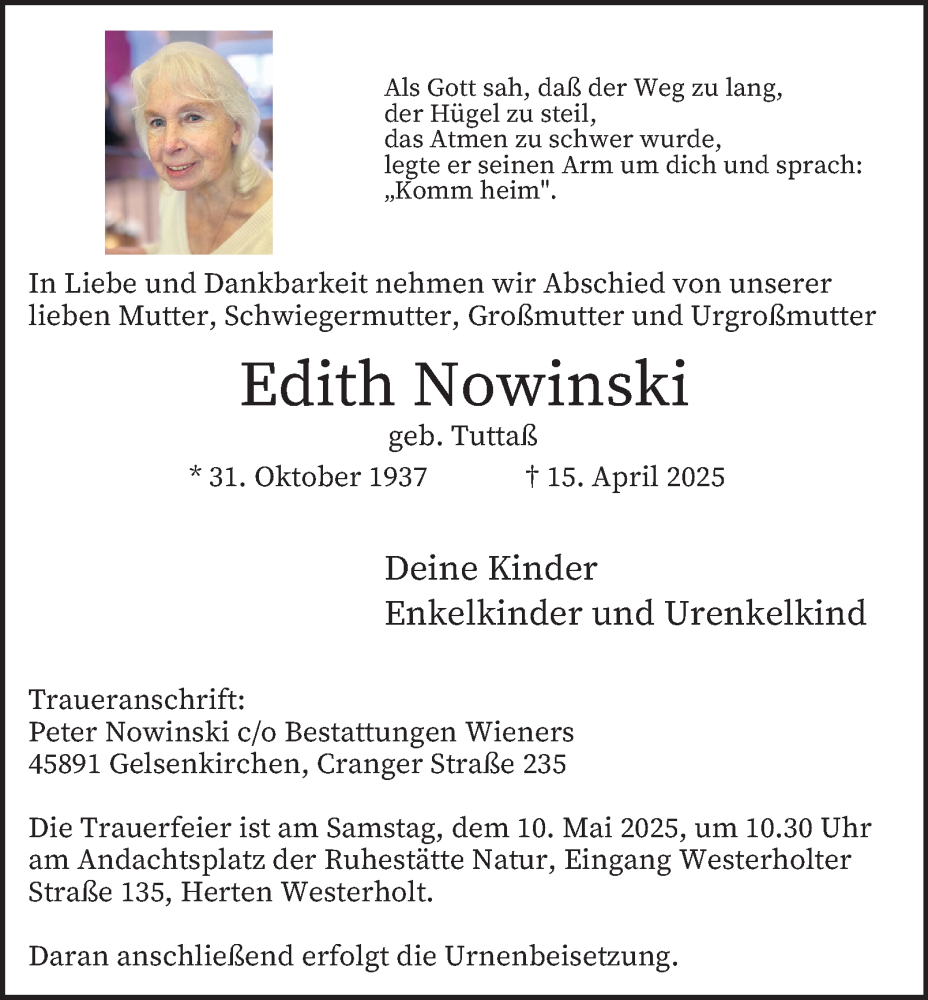  Traueranzeige für Edith Nowinski vom 03.05.2025 aus Tageszeitung