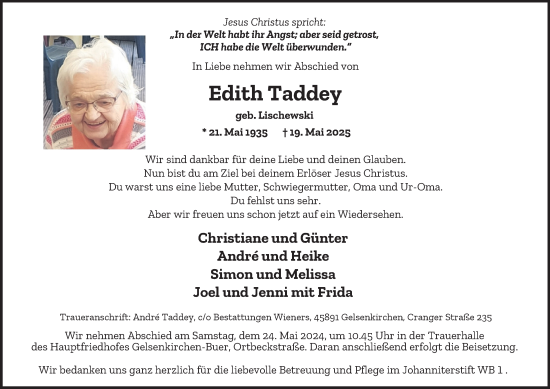 Traueranzeige von Edith Taddey von Tageszeitung