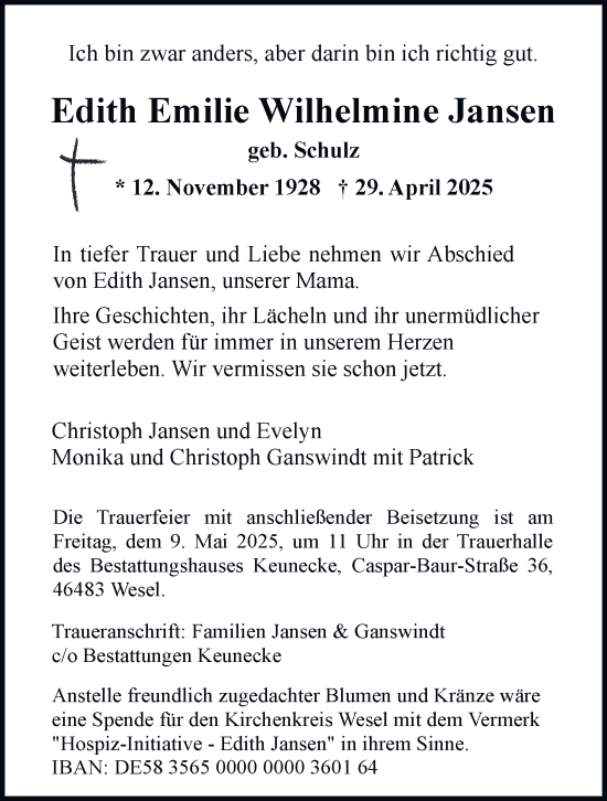 Traueranzeige von Edith Emilie Wilhelmine Jansen von Tageszeitung