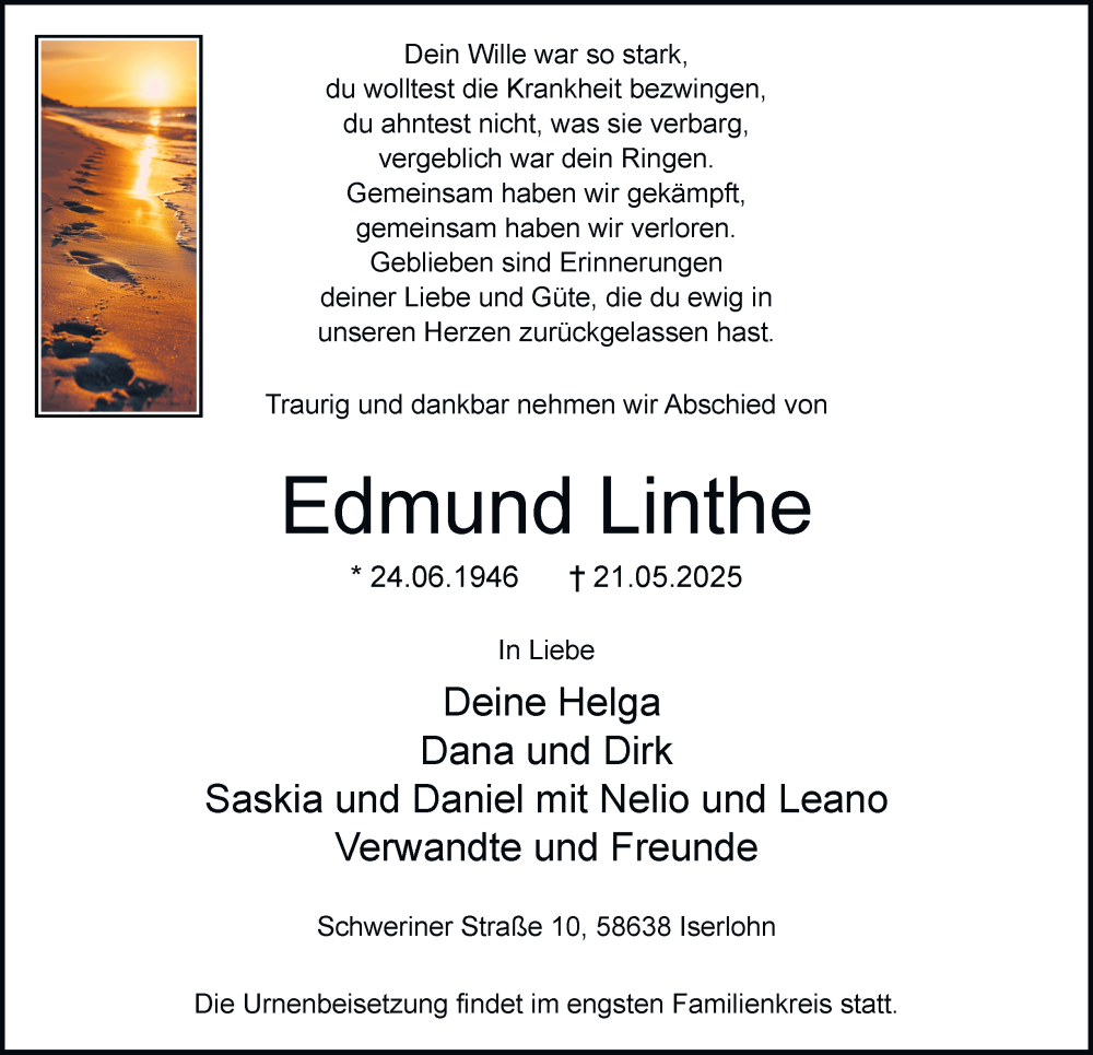  Traueranzeige für Edmund Linthe vom 31.05.2025 aus Tageszeitung