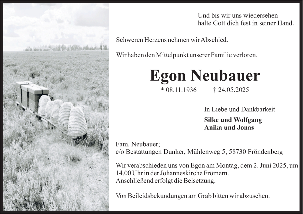  Traueranzeige für Egon Neubauer vom 31.05.2025 aus Tageszeitung