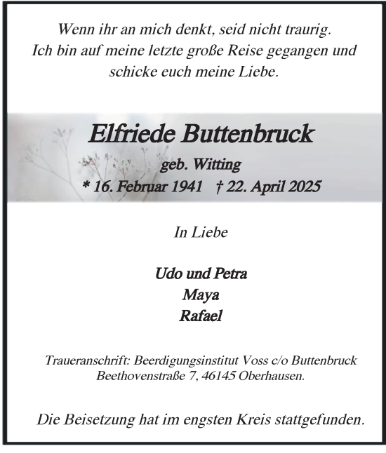 Traueranzeige von Elfriede Buttenbruck von Tageszeitung