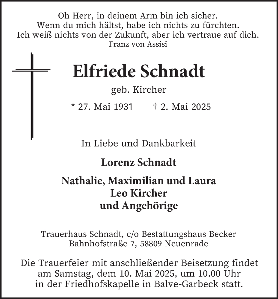  Traueranzeige für Elfriede Schnadt vom 07.05.2025 aus Tageszeitung