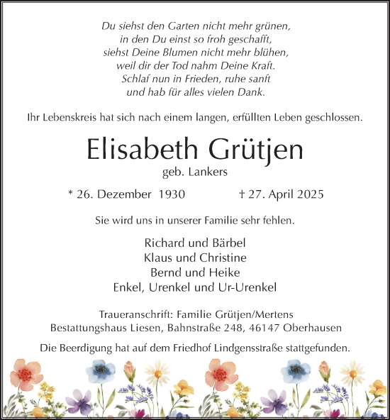 Traueranzeige von Elisabeth Grütjen von Tageszeitung