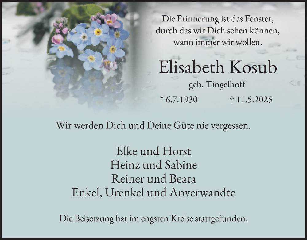  Traueranzeige für Elisabeth Kosub vom 24.05.2025 aus Tageszeitung