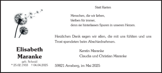 Traueranzeige von Elisabeth Maranke von Tageszeitung