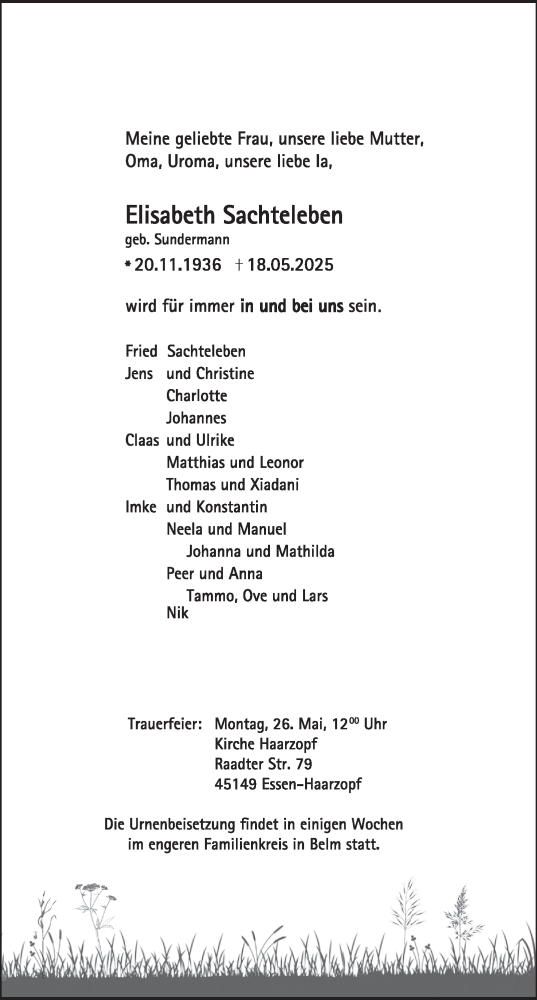 Traueranzeige von Elisabeth Sachteleben von Tageszeitung