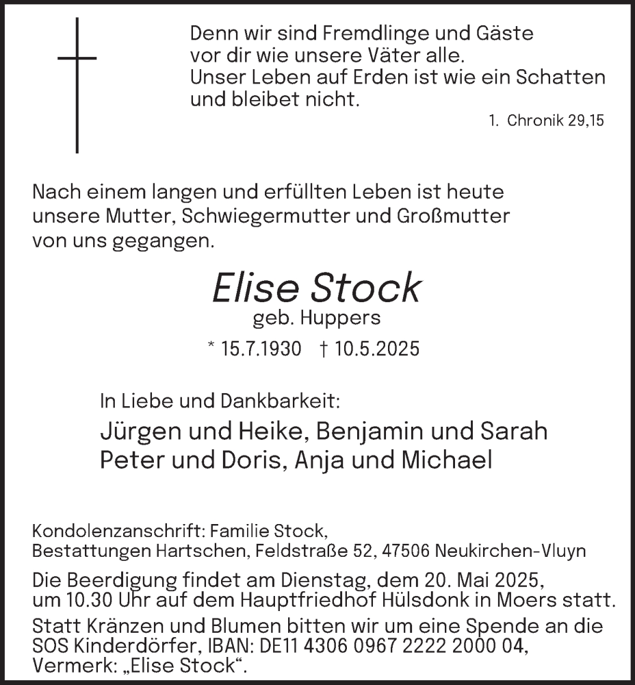  Traueranzeige für Elise Stock vom 17.05.2025 aus Tageszeitung
