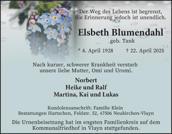 Traueranzeige von Elsbeth Blumendahl von Tageszeitung