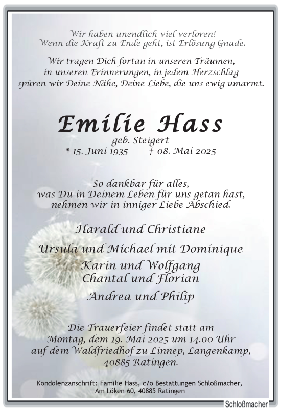 Traueranzeige von Emilie Hass von Tageszeitung