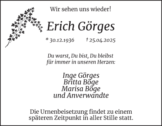 Traueranzeige von Erich Görges von Tageszeitung