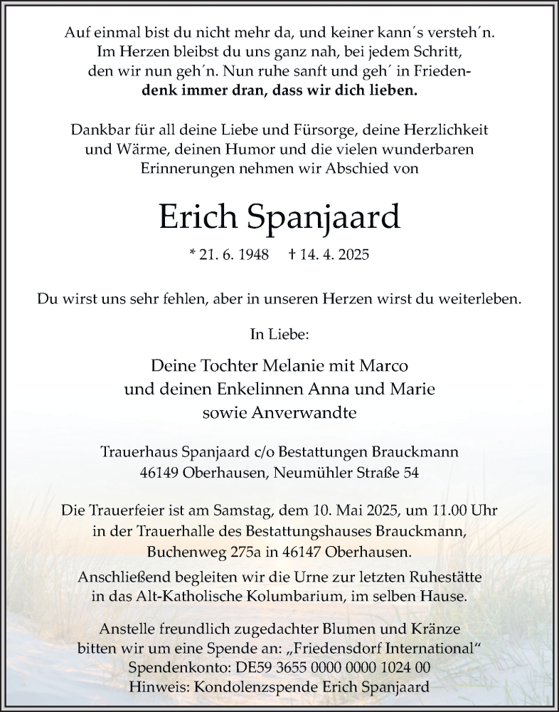  Traueranzeige für Erich Spanjaard vom 03.05.2025 aus Tageszeitung