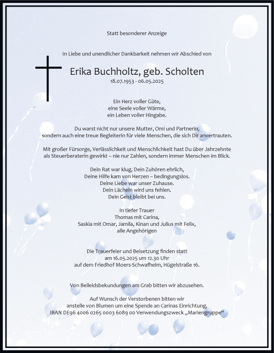 Traueranzeige von Erika Buchholtz von Tageszeitung