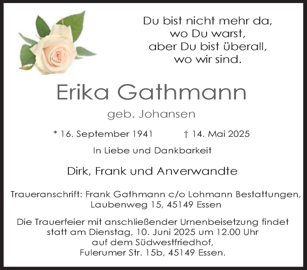  Traueranzeige für Erika Gathmann vom 31.05.2025 aus Tageszeitung