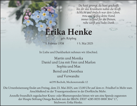 Traueranzeige von Erika Henke von Tageszeitung