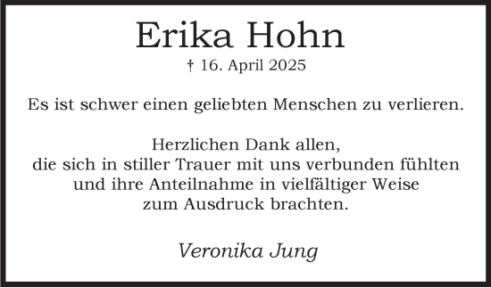 Traueranzeige von Erika Hohn von Tageszeitung