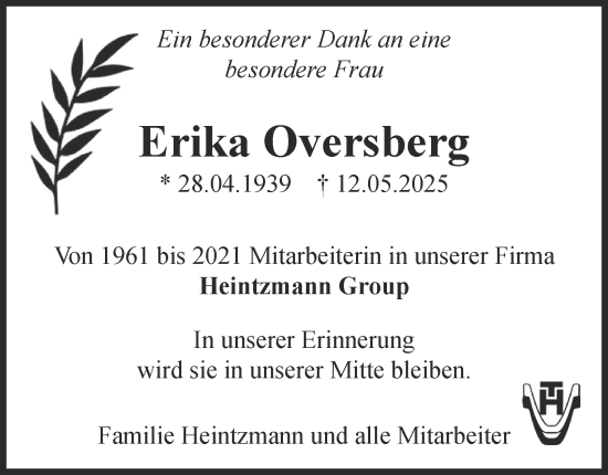 Traueranzeige von Erika Oversberg von Tageszeitung