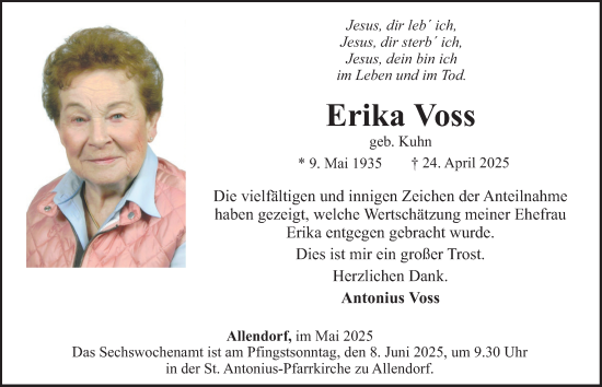Traueranzeige von Erika Voss von Tageszeitung