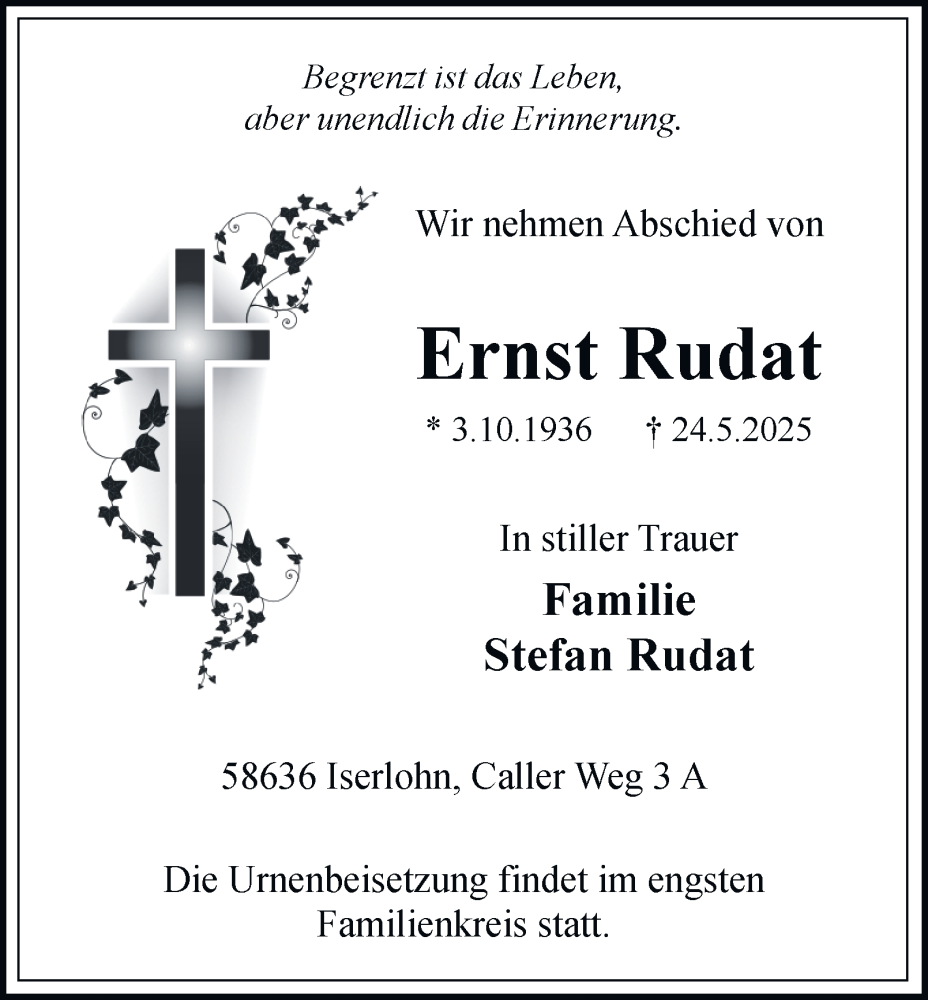  Traueranzeige für Ernst Rudat vom 31.05.2025 aus Tageszeitung