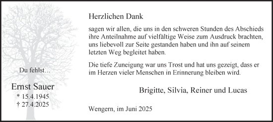 Traueranzeige von Ernst Sauer von Tageszeitung