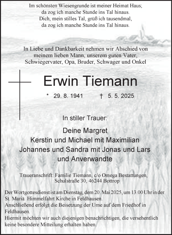 Traueranzeige von Erwin Tiemann von Tageszeitung