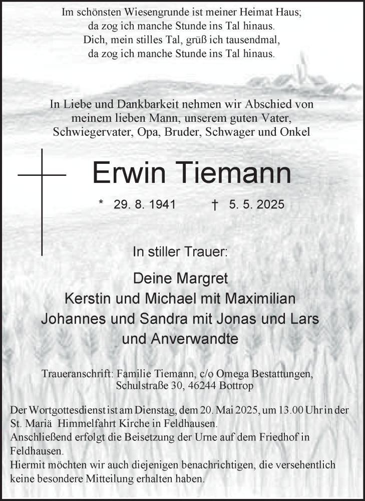  Traueranzeige für Erwin Tiemann vom 14.05.2025 aus Tageszeitung