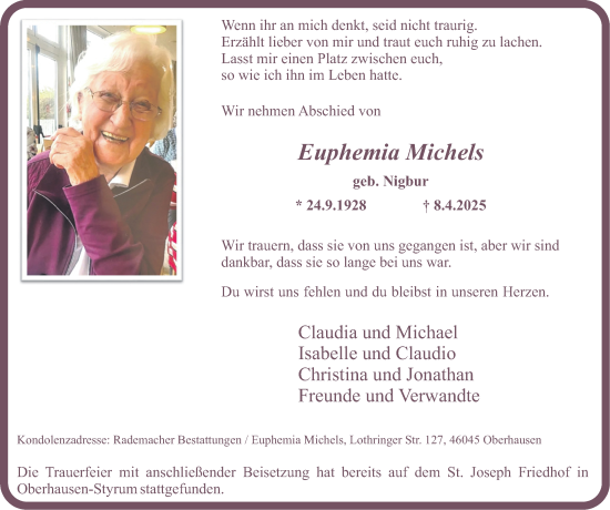Traueranzeige von Euphemia Michels von Tageszeitung