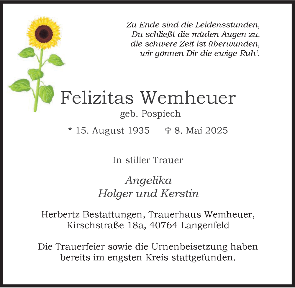  Traueranzeige für Felizitas Wemheuer vom 24.05.2025 aus Tageszeitung