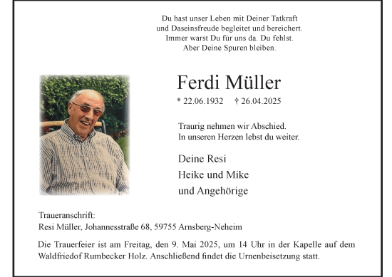 Traueranzeige von Ferdi Müller von Tageszeitung