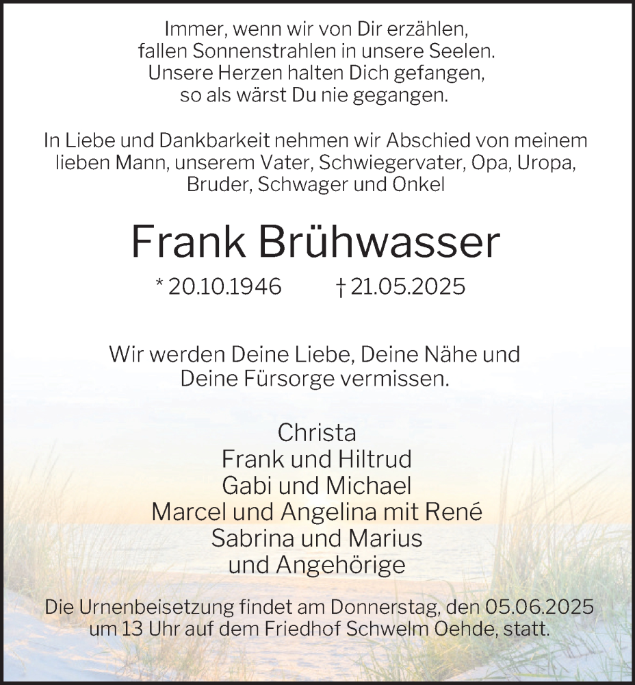  Traueranzeige für Frank Brühwasser vom 31.05.2025 aus Tageszeitung
