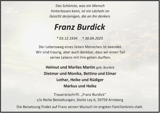 Traueranzeige von Franz Burdick von Tageszeitung