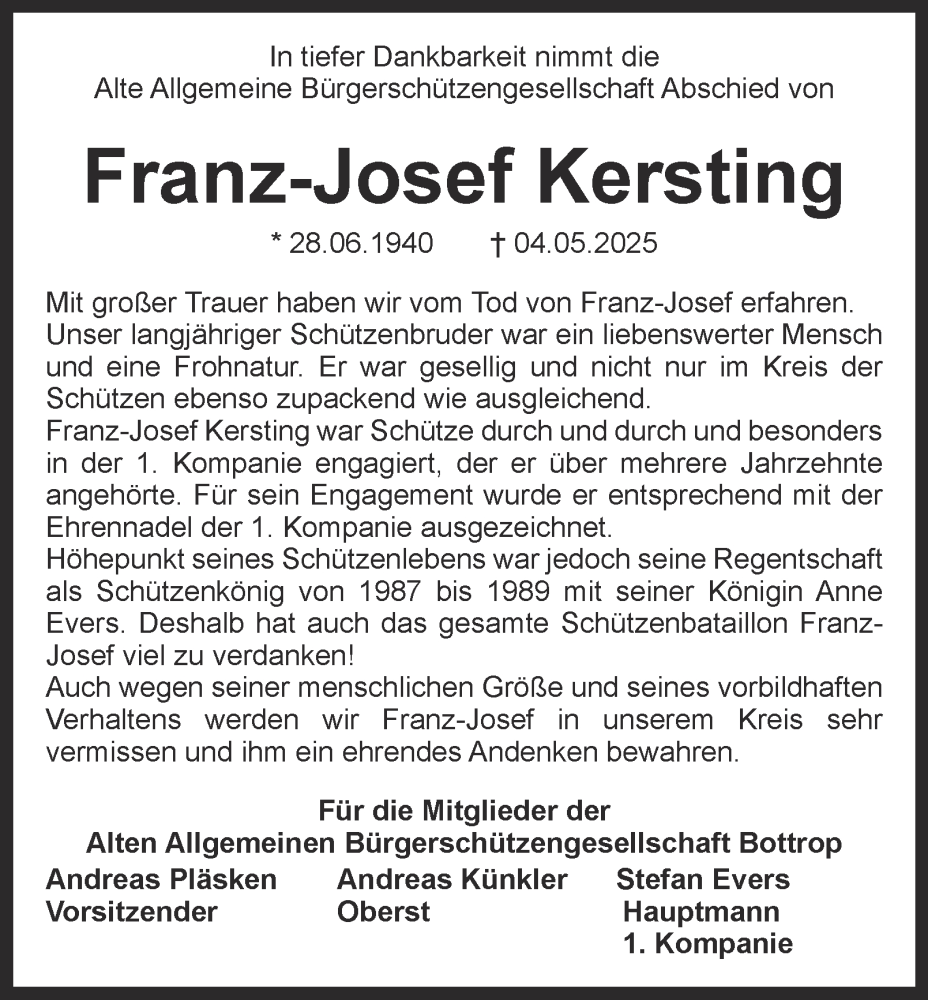 Traueranzeige für Franz-Josef Kersting vom 10.05.2025 aus Tageszeitung
