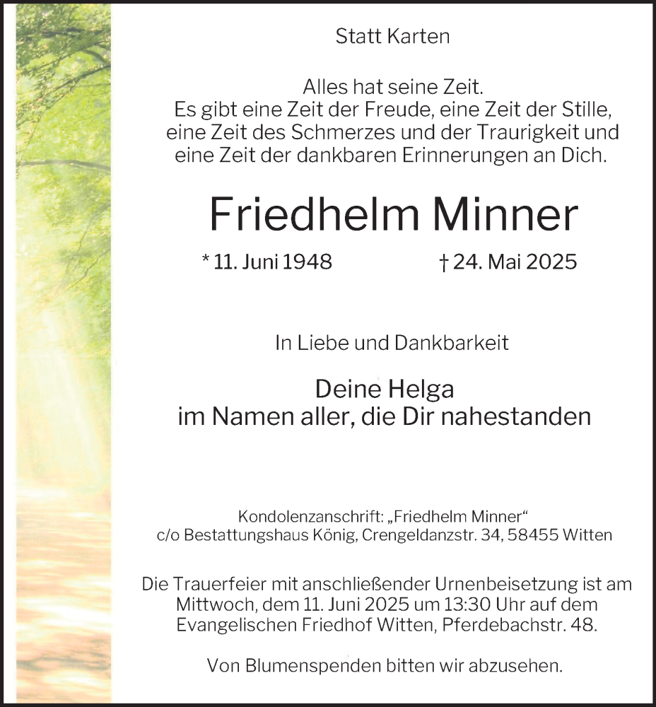  Traueranzeige für Friedhelm Minner vom 31.05.2025 aus Tageszeitung