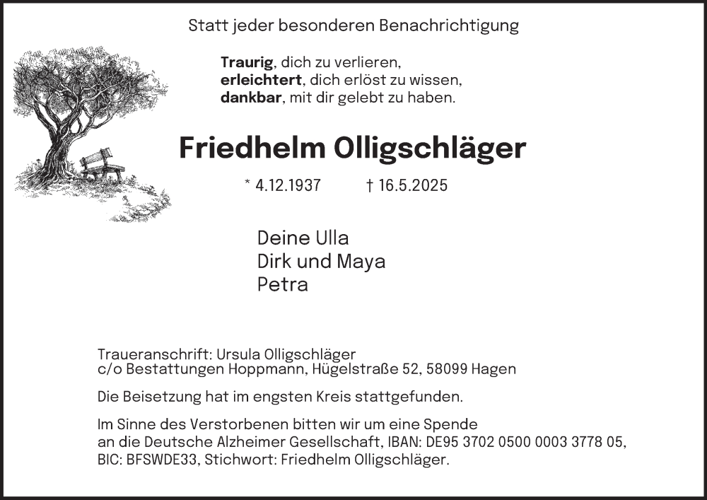  Traueranzeige für Friedhelm Olligschläger vom 24.05.2025 aus Tageszeitung