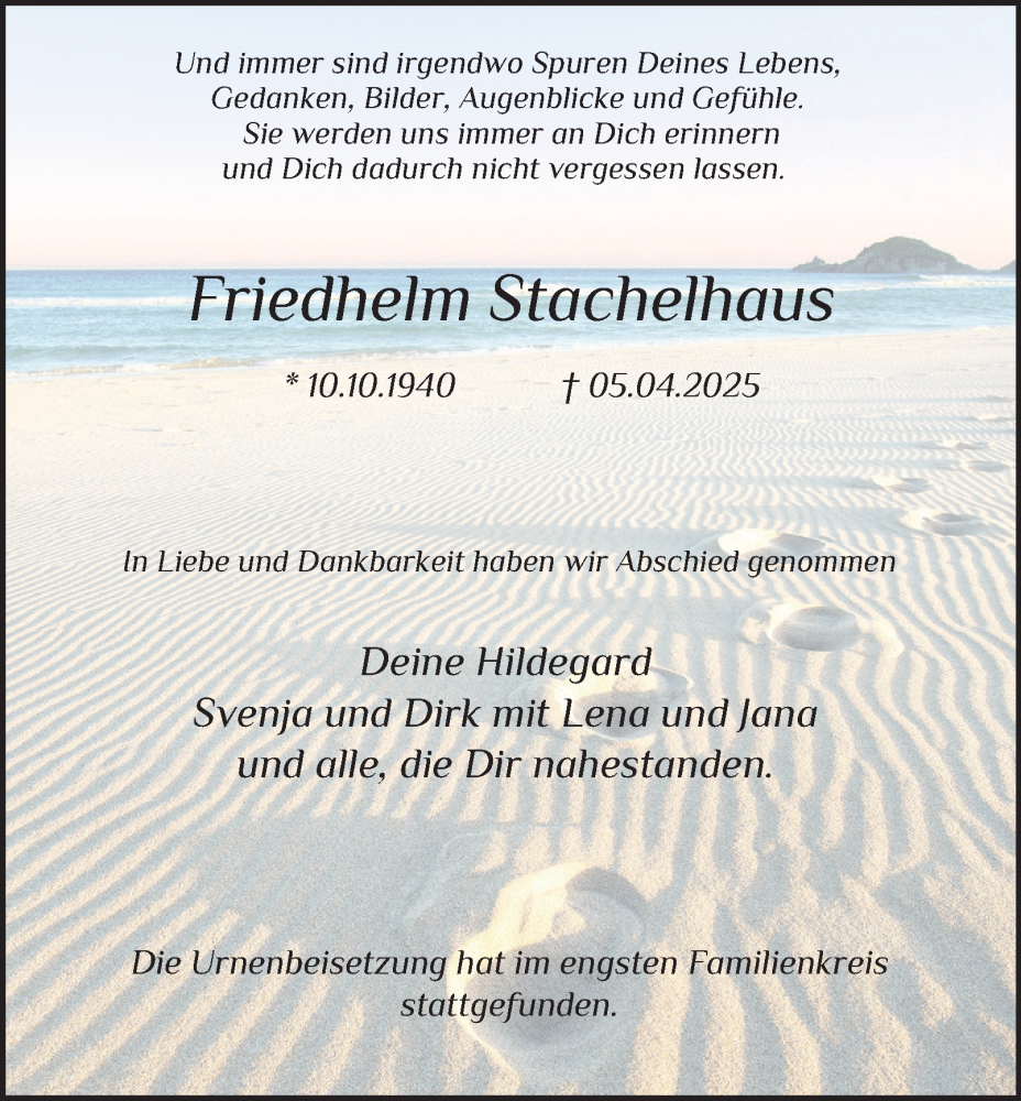  Traueranzeige für Friedhelm Stachelhaus vom 17.05.2025 aus Tageszeitung