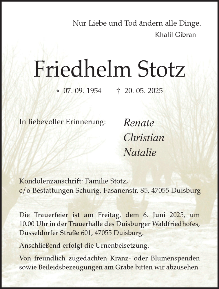  Traueranzeige für Friedhelm Stotz vom 31.05.2025 aus Tageszeitung